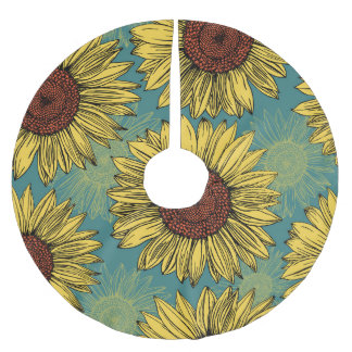 Hand-Drawn Sunflowers Mint Blue Brushed Polyester Tree Skirt