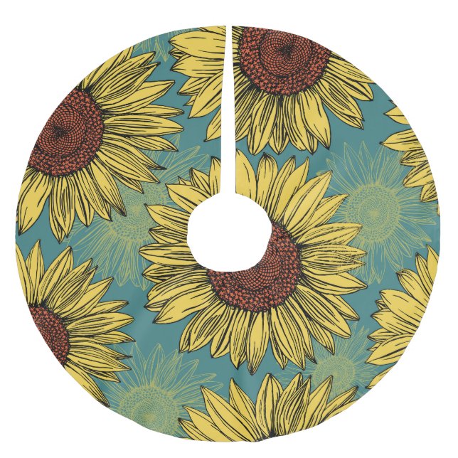 Hand-Drawn Sunflowers Mint Blue Brushed Polyester Tree Skirt (Front)