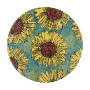Hand-Drawn Sunflowers Mint Blue Cutting Board