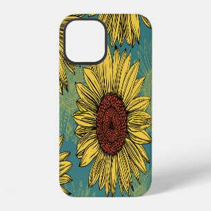Hand-Drawn Sunflowers Mint Blue iPhone 12 Case