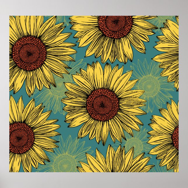 Hand-Drawn Sunflowers Mint Blue Poster (Front)