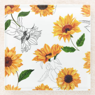 Hand-drawn sunflowers: vibrant yellow pattern. glass coaster