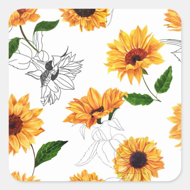Hand-drawn sunflowers: vibrant yellow pattern. square sticker (Front)
