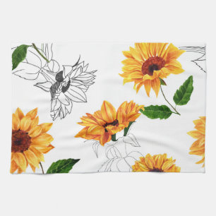 Hand-drawn sunflowers: vibrant yellow pattern. tea towel