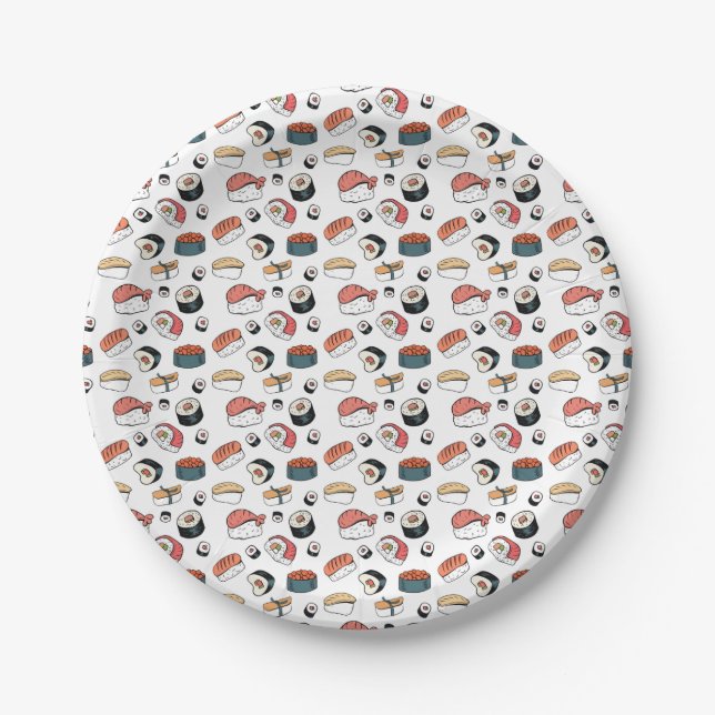 Hand-Drawn Sushi Mix Paper Plate (Front)