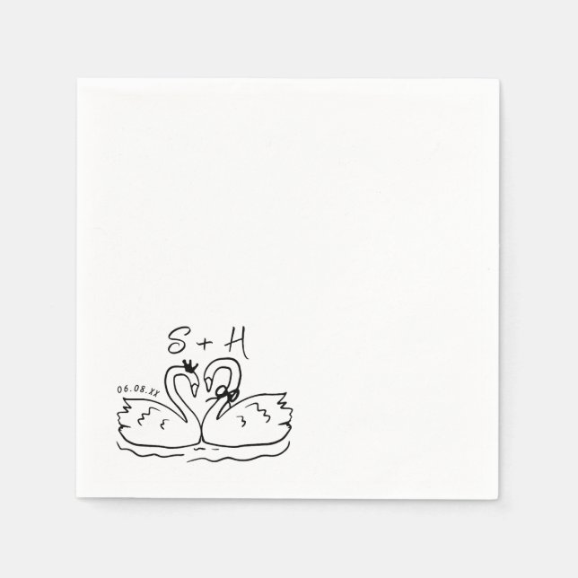 Hand Drawn Swan Heart Wedding Cocktail Napkin (Front)