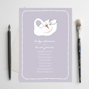 Hand Drawn Swan Mama & Baby Shower Lavender Invitation