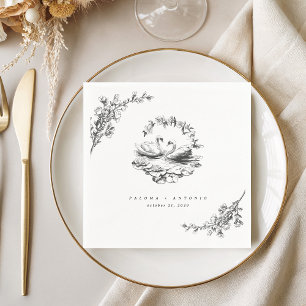 Hand Drawn Swan Vintage Floral Engagement Wedding Napkin