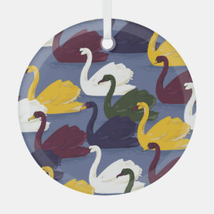 Hand-drawn swans, blue lake pattern. glass tree decoration