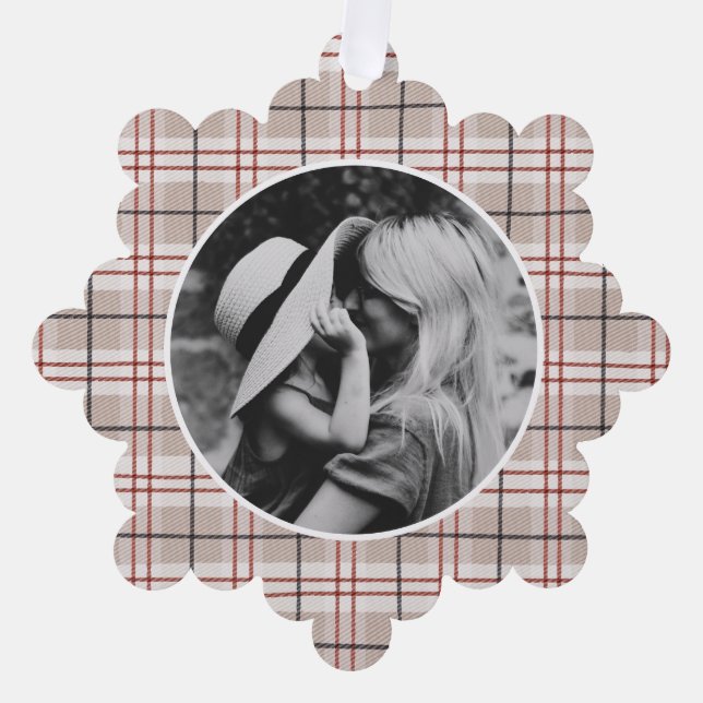 Hand Drawn Tartan Beige Plaid Photo Tree Decoration Card (Front)