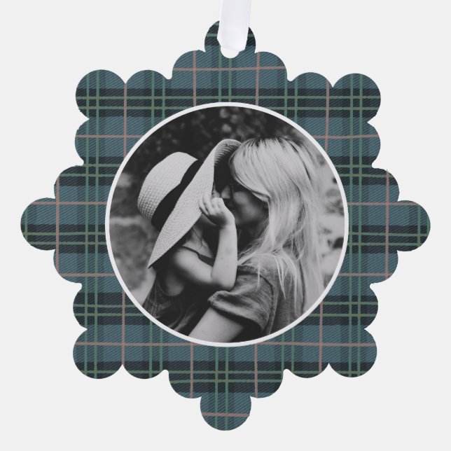 Hand Drawn Tartan Blue Plaid Photo Tree Decoration Card (Front)