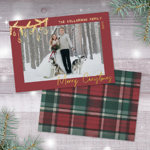 Hand Drawn Tartan Red Gold Merry Christmas Foil Holiday Card