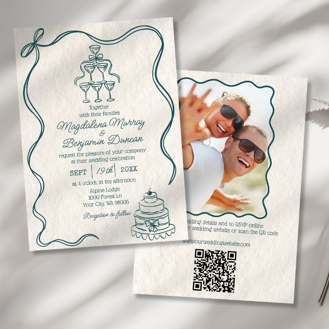 Hand Drawn Teal Retro Bow Photo All in One Wedding Invitation (Creator Uploaded)