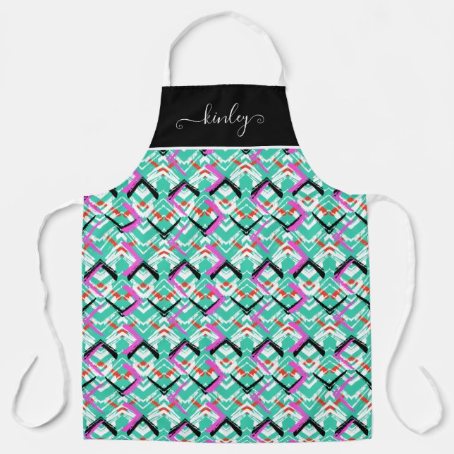 Hand Drawn Teal Zig Zag Pattern Apron (Front)