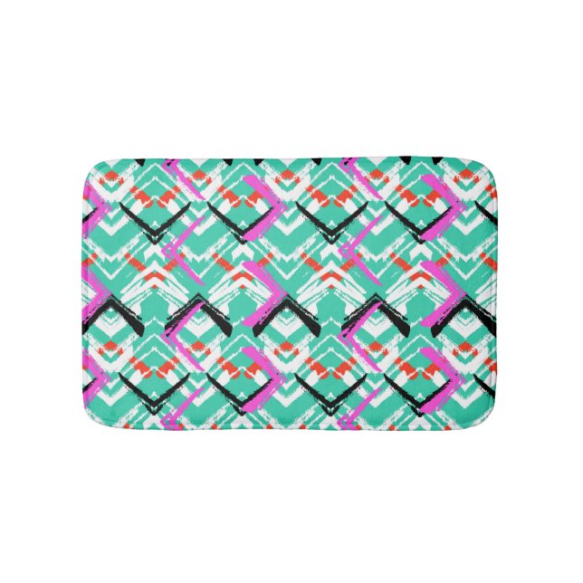 Hand Drawn Teal Zig Zag Pattern Bath Mat (Front)