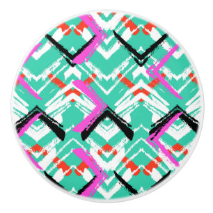 Hand Drawn Teal Zig Zag Pattern Ceramic Knob