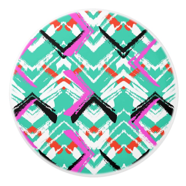 Hand Drawn Teal Zig Zag Pattern Ceramic Knob (Front)