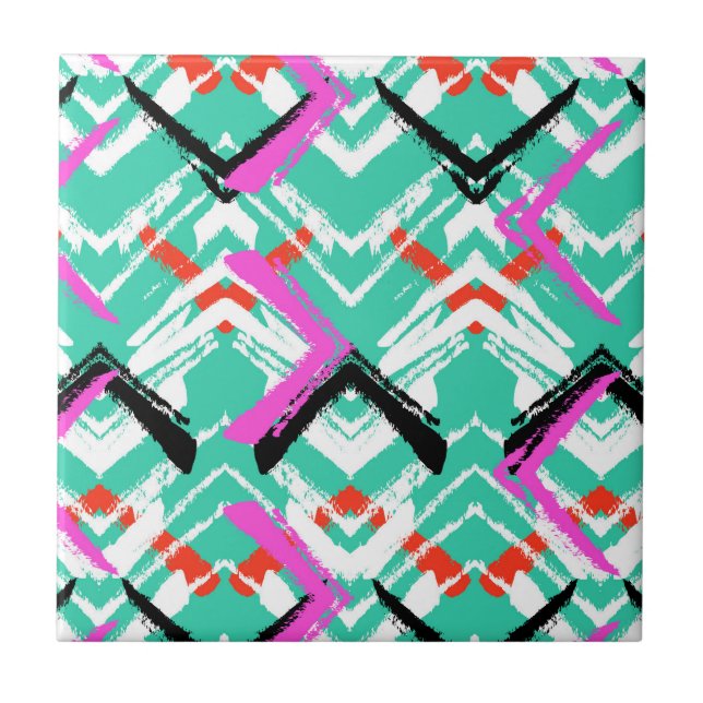 Hand Drawn Teal Zig Zag Pattern Ceramic Tile (Front)