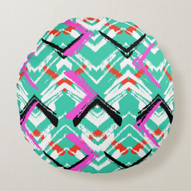 Hand Drawn Teal Zig Zag Pattern Round Cushion (Front)