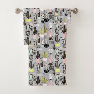 Hand Drawn Textured Cactus Pattern Bath Towel Set