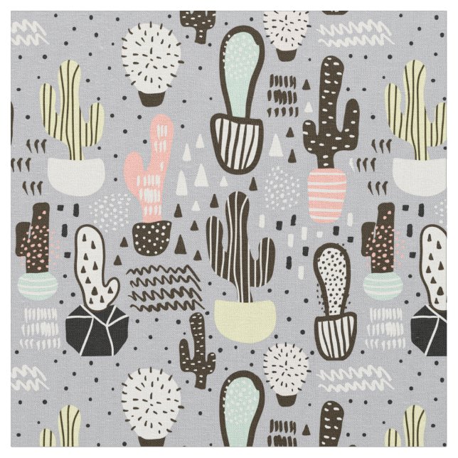 Hand Drawn Textured Cactus Pattern Fabric (Close Up)