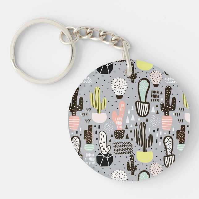 Hand Drawn Textured Cactus Pattern Key Ring (Front)