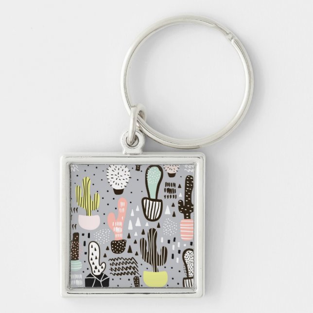 Hand Drawn Textured Cactus Pattern Key Ring (Front)