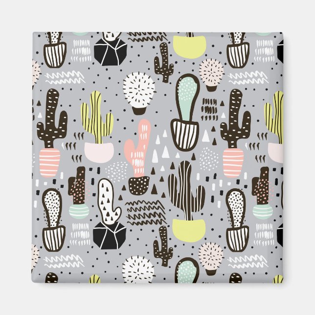Hand Drawn Textured Cactus Pattern Magnet (Front)
