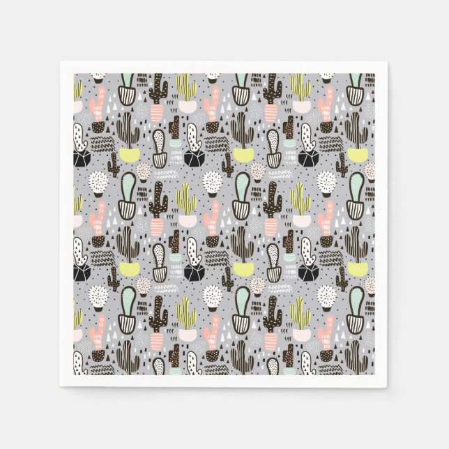 Hand Drawn Textured Cactus Pattern Napkin (Front)