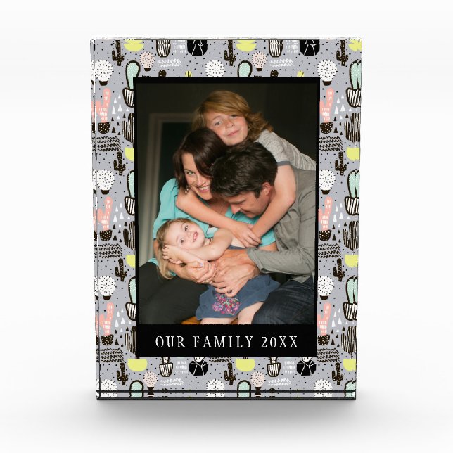 Hand Drawn Textured Cactus Pattern Photo Block (Front)