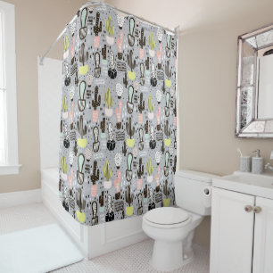 Hand Drawn Textured Cactus Pattern Shower Curtain