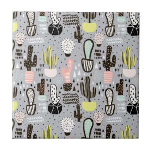 Hand Drawn Textured Cactus Pattern Tile