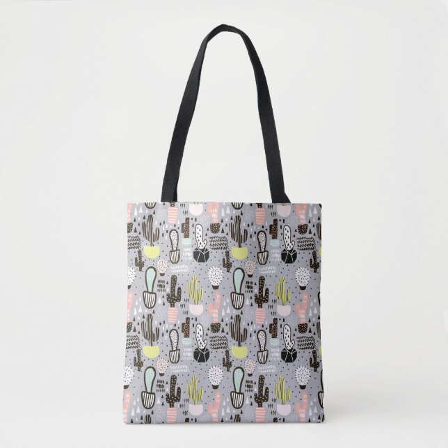 Hand Drawn Textured Cactus Pattern Tote Bag (Front)