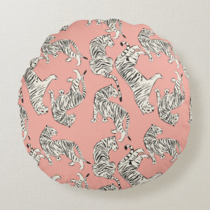 Hand drawn tiger seamless pattern, big cats in dif round cushion