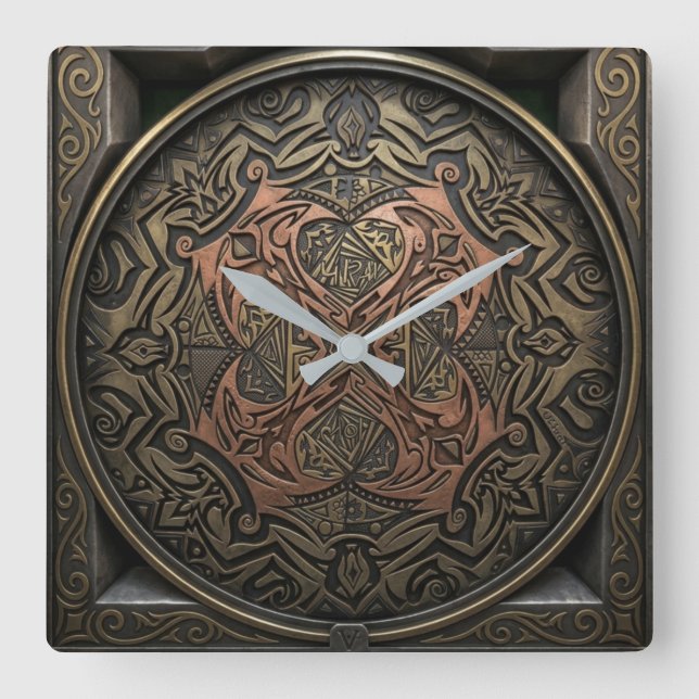 Hand-Drawn to 3D Digital: Intricate Bronze Mandala Square Wall Clock (Front)