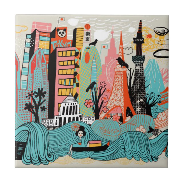 Hand Drawn Tokyo Japan Ceramic Tile (Front)