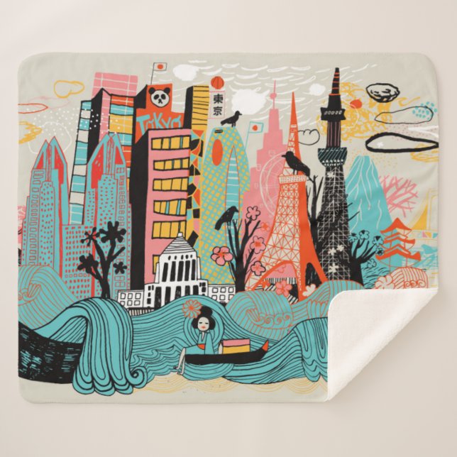 Hand Drawn Tokyo Japan Sherpa Blanket (Front (Horizontal))