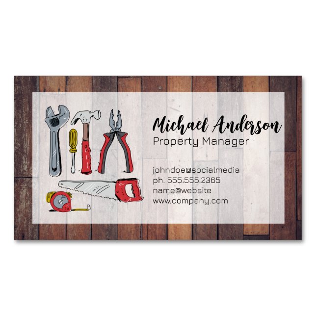 Hand Drawn Tools | Wooden Boards Magnetic Business Card (Front)