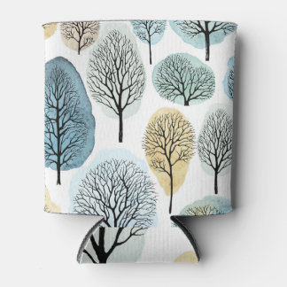 Hand-drawn trees, watercolor spots pattern. can cooler