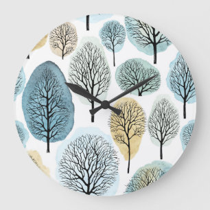 Hand-drawn trees, watercolor spots pattern. large clock