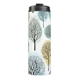 Hand-drawn trees, watercolor spots pattern. thermal tumbler