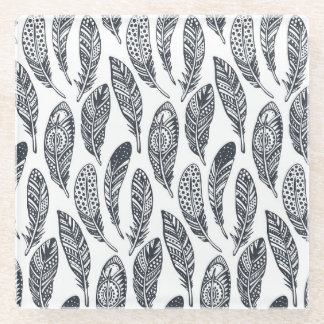 Hand-drawn tribal feathers, vintage pattern. glass coaster
