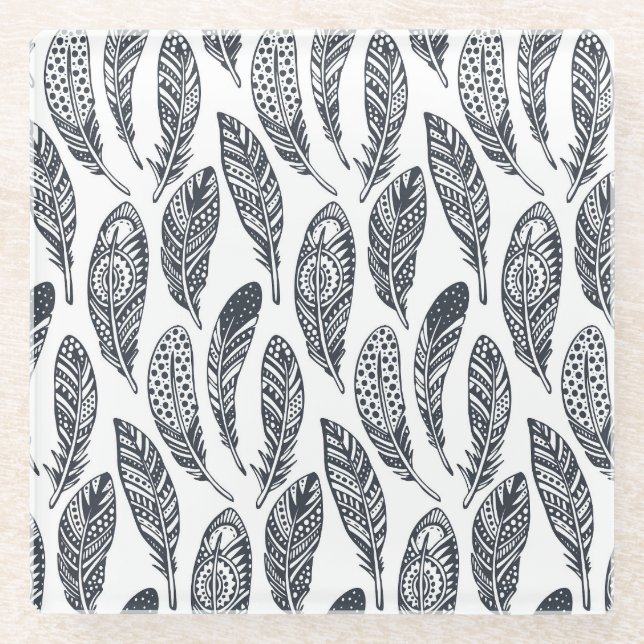 Hand-drawn tribal feathers, vintage pattern. glass coaster (Front)