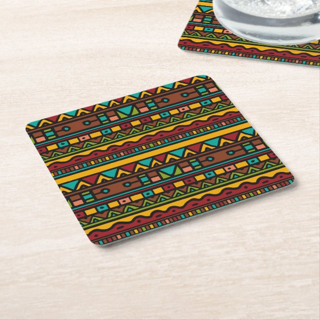 Hand Drawn Tribal Pattern Earth Tones Square Paper Coaster (Angled)