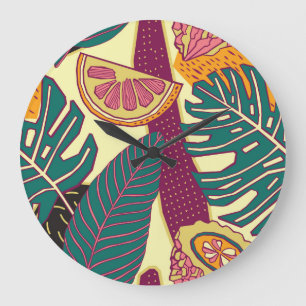 Hand Drawn Tropical Bright Pattern Large Clock