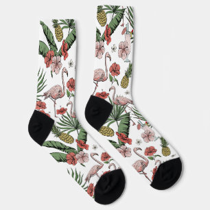 Hand-Drawn Tropical Flamingo Floral Pattern Socks