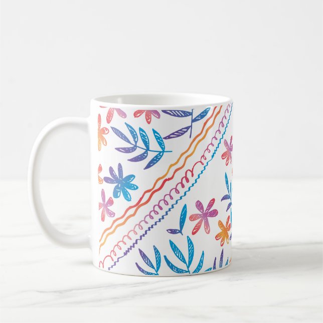 Hand drawn tropical flowers, leaves pattern. coffee mug (Left)
