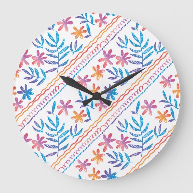 Hand drawn tropical flowers, leaves pattern. large clock (Front)