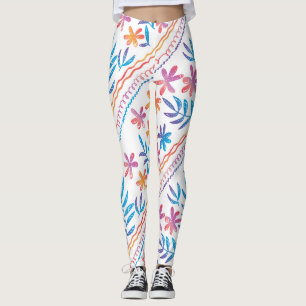 Hand drawn tropical flowers, leaves pattern. leggings
