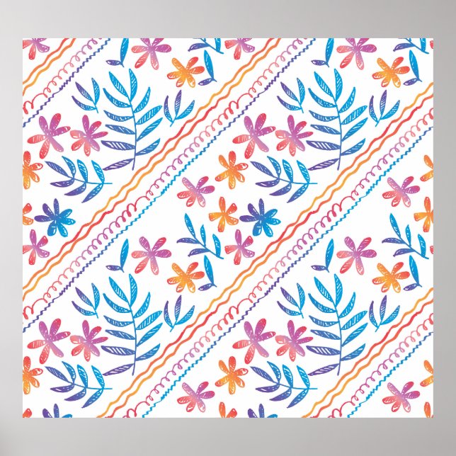 Hand drawn tropical flowers, leaves pattern. poster (Front)